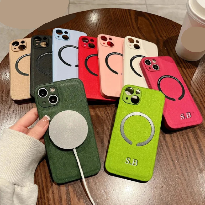 カスタムiPhoneケース　×2 Magsafeタイプ 高品質レザー 可愛くシルバーでカスタム文字 刻印