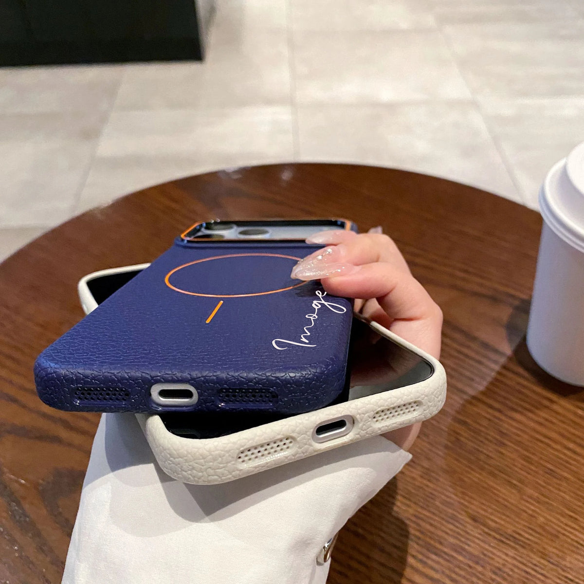 名入れ可 ライチ調レザー風 マグネット式 TPU スマホケース｜大人