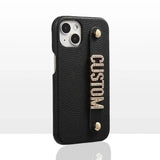 リアルレザー輝くストーンでオリジナル カスタム 名前 文字入れ iPhone用ケース(13シリーズ~)