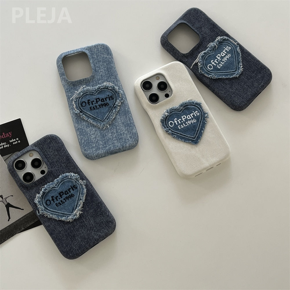 キュートなデニムのハート形刺繍が施されたファブリック 4色 iPhone用ケース – Magnolia Trend Store