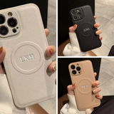 Magsafe機能付き 高品質レザー カスタム文字 刻印可 オーダーメイド 3色 iPhone用ケース(Silver：中央3D刻印）