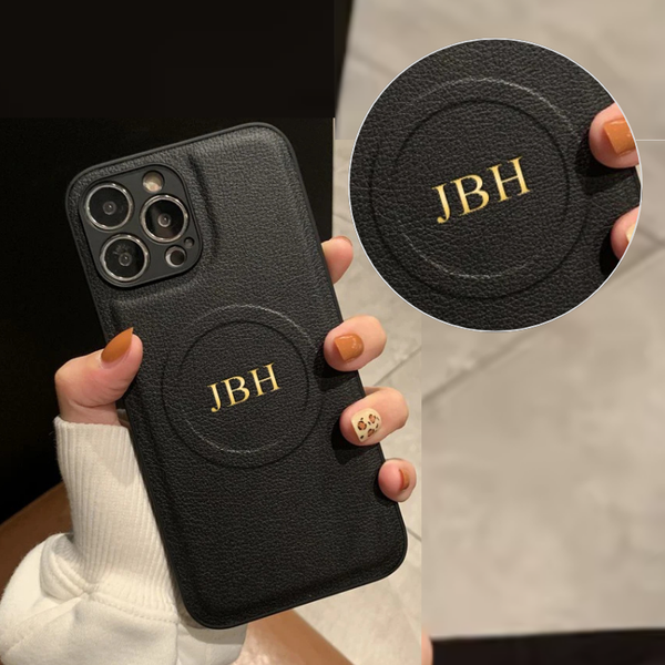 Magsafe機能付き 高品質レザー カスタム文字 刻印可 オーダーメイド 3色 iPhone用ケース(ゴールド：中央3D刻印）