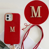 上質本革メタルゴールドイニシャル刻印 iPhoneケース｜ランヤード付きラグジュアリーエディション（iPhone17/16/15/14/13/12/11 Pro Max/Plus対応）