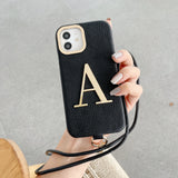 名入れ iPhone用ケース｜ゴールドイニシャル・レザー調・ストラップ付き・iPhone 12〜18対応
