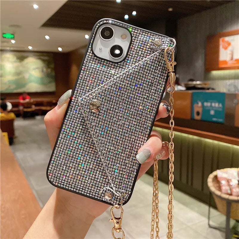 キラキラ可愛い カード収納＆チェーン付き 2色 iPhoneケース