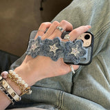 キラキラ 星形ダイヤモンドが可愛い デニム ホールダー付き iPhone用ケース
