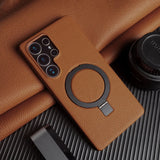 Samsung GalaxyS25シリーズ対応 本革マグネットリングケース MagSafe対応 スタンド機能付き