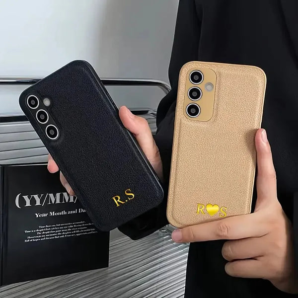高品質レザー ゴールド色で 文字 刻印できる オーダーメイド ４色 Samsung Galaxy用ケース(ゴールド：下部3D刻印)