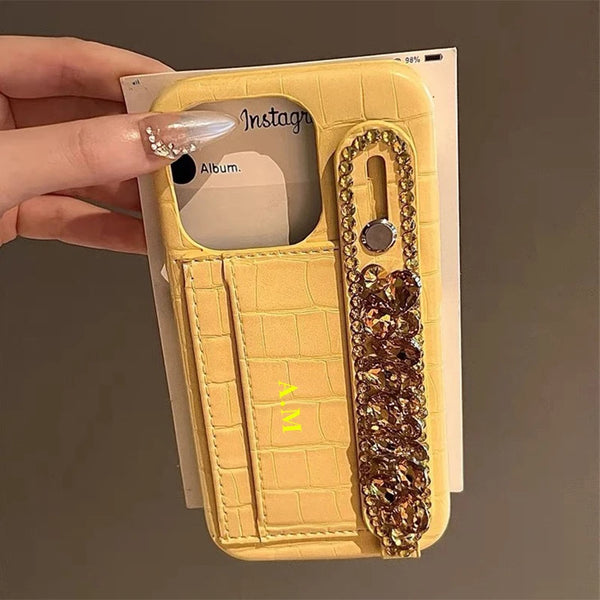 クロコダイルテクスチャー イニシャル入れ 名入れ カードホルダー おしゃれストラップ付き5色 iPhone用ケース