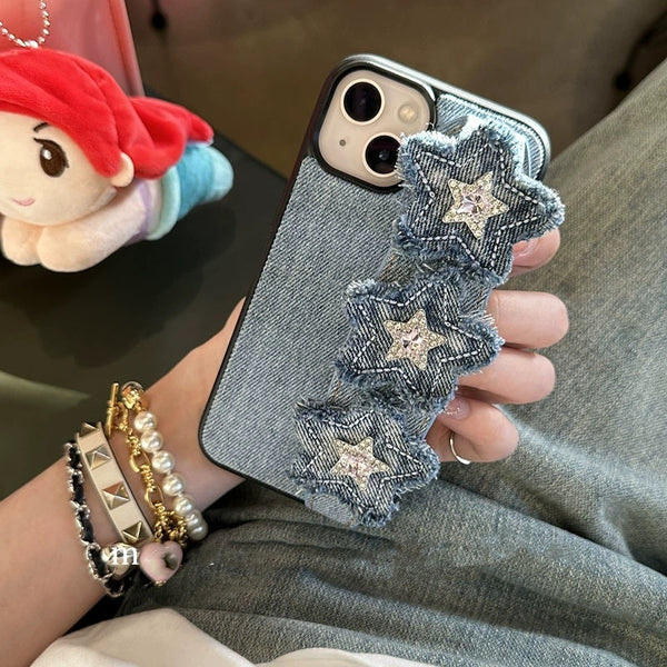 キラキラ 星形ダイヤモンドが可愛い デニム ホールダー付き iPhone用ケース