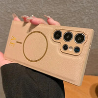 Magsafe機能付き 高品質レザー カスタム文字 刻印可 オーダーメイド 3色 Samsung Galaxy用ケース(ゴールド：下部3D刻印）