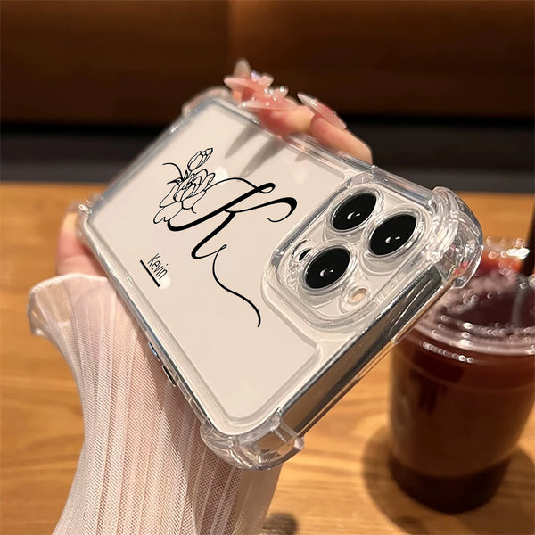 【名入れ可】 ローズ柄 クリア iPhone用ケース｜大人かわいい シリコン TPU 耐衝撃タイプ