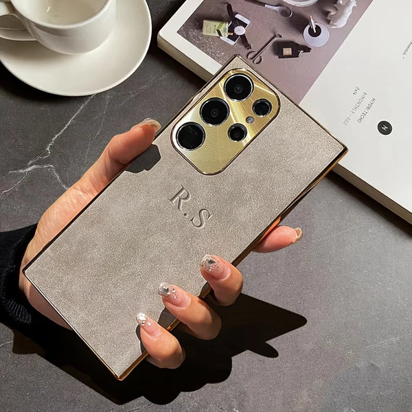 大人カッコいい 名入れ 文字入れ 柔らかラムスキン( lambskin Leather) 4色 Samsung Galaxy用ケース(Colorless：中央3D刻印）