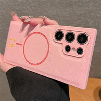 Magsafe機能付き 高品質レザー カスタム文字 刻印可 オーダーメイド 3色 Samsung Galaxy用ケース(ゴールド：下部3D刻印）