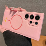 Magsafe機能付き 高品質レザー カスタム文字 刻印可 オーダーメイド 3色 Samsung Galaxy用ケース(ゴールド：下部3D刻印）
