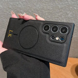 Magsafe機能付き 高品質レザー カスタム文字 刻印可 オーダーメイド 3色 Samsung Galaxy用ケース(ゴールド：下部3D刻印）