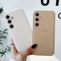 高品質レザーの イニシャル 数字も 刻印できる オーダーメイド 4色 Samsung Galaxy用ケース(Colorless：中央3D刻印）