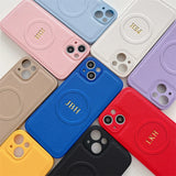 Magsafe機能付き 高品質レザー カスタム文字 刻印可 オーダーメイド 3色 iPhone用ケース(ゴールド：中央3D刻印）