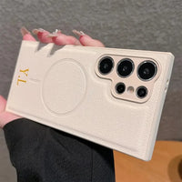 Magsafe機能付き 高品質レザー カスタム文字 刻印可 オーダーメイド 3色 Samsung Galaxy用ケース(ゴールド：下部3D刻印）