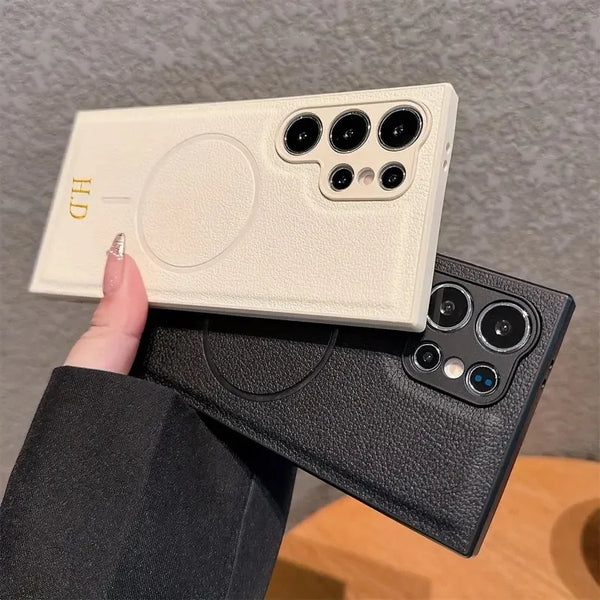 Magsafe機能付き 高品質レザー カスタム文字 刻印可 オーダーメイド 3色 Samsung Galaxy用ケース(ゴールド：下部3D刻印）