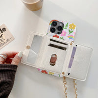 かわいいイラスト入り メタルロングハンギングチェーン ミラー付きカードホルダー iPhone用ケース