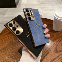 大人カッコいい 名入れ 文字入れ 柔らかラムスキン( lambskin Leather) 4色 Samsung Galaxy用ケース(ゴールド：中央3D刻印）