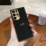 大人カッコいい 名入れ 文字入れ 柔らかラムスキン( lambskin Leather) 4色 Samsung Galaxy用ケース(ゴールド：中央3D刻印）