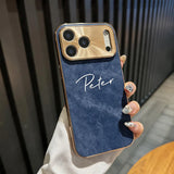 名入れオーダーメイド iPhone用ケース｜デニム調合成レザー・メッキ加工カメラ保護｜iPhone 15〜18対応