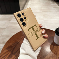 高品質レザー 大人カッコいい 大文字イニシャル 名入れ 文字入れ 4色 Samsung Galaxy用ケース(Colorless：3D刻印）