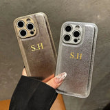 高品質レザー 文字 数字も ゴールド色で 刻印できる オーダーメイド2色 iPhone用ケース(ゴールド：中央3D刻印）