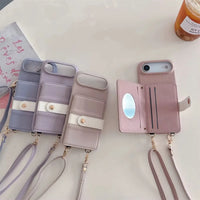 便利な ウォレット型 ミラー カードホルダー クロスボディストラップ付きケース ４色 iPhone用ケース