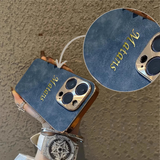 大人カッコいい 名入れ 文字入れ 柔らかラムスキン( lambskin Leather) 4色 iPhone用ケース(ゴールド：刺繡フォントスタイル）