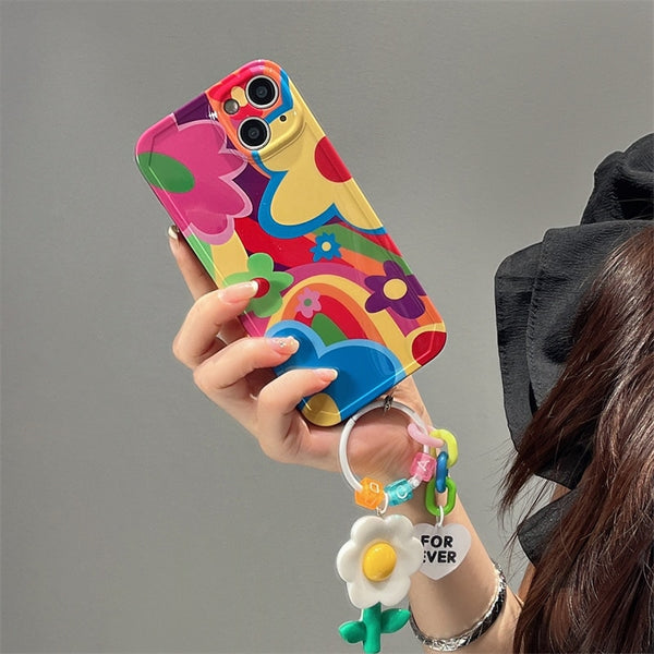 韓国で大人気  落書き風 3Dフラワーキーチェーン付き iPhone用ケース